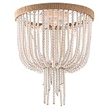 ELYCCUPA Wood Beaded Flush Mount Ceiling Light Bohemia Antique Rustic 3 Lights Mini Farmhouse Chande