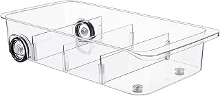 Clear Refrigerator Organizer Bins Plastic for Pantry Freezer Drawer Storage with Wheels and Adjustable Dividers Caddy (7.6" Wide, 2 Pack)