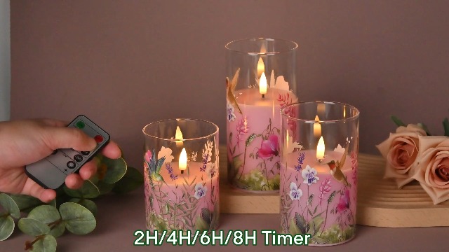 Image of Pink Hummingbird Glass Flameless Candles with Remote, Flickering LED Pillar Candles Battery Operated Set of 3, Spring Home Shelf Decor