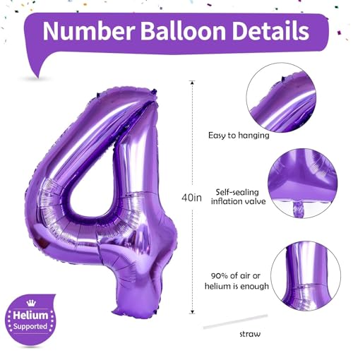 Image of 40 Inch Number Balloons 4 for Kids, Large Purple Number Balloon with Foil Helium for Girls Women 40 Years Old 4th Birthday Party Decorations Anniversary Graduation Party Decoration Supplies