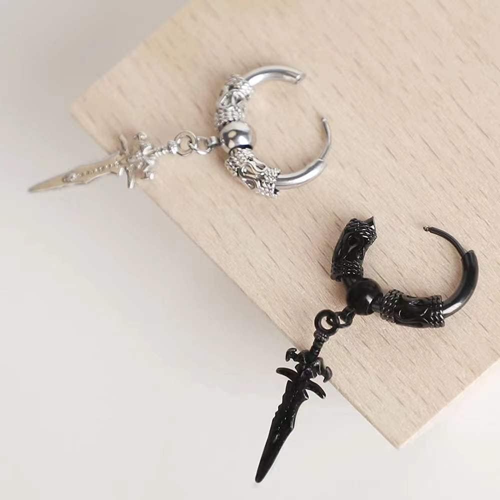 Men's Fashion Korea Style Stainless Steel Huggie Hinged Hoop Earrings with Long Chains Dangle Retro Feather Leaf Skull Awl for Men Women Boys - Image 4