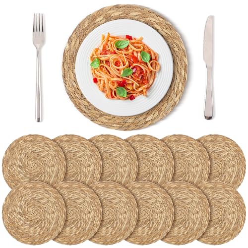 Kochorie TN0523 Set Of 12 Round Woven Placemats 12 Inches Bulrush Placemats Natural Hand-Woven Boho Rattan Placemats Wicker Table Mats Farmhouse Weave Place Mats cover