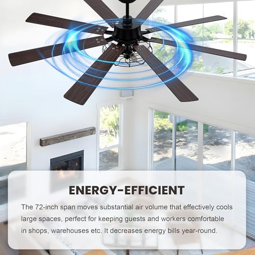Image of 72 Inch Ceiling Fans with Lights Black Farmhouse Ceiling Fan with Remote for Living Room Large Caged Chandelier Fan 5*E26 Bulbs 6 Speed Reversible Quiet DC Motor Wood Blades (NO Bulbs)