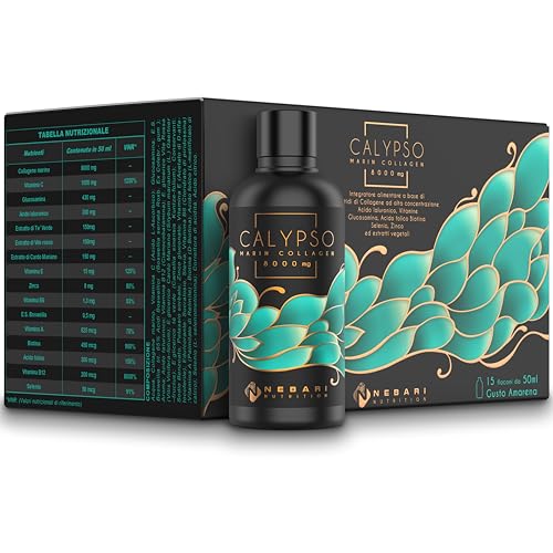 Calypso Integratore Collagene Da Bere Marino 8000 Mg Puro Alto Dosaggio Idrolizzato 15x50ML Con Vitamina C Acido Ialuronico,Biotina Glucosamina Boswellia Cardo Mariano Acido Folico Vitamina A B6 Zinco