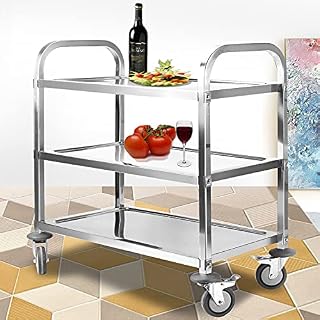ybaymy 3 Shelf Utility Service Cart 950 x 500 x 950mm Stainless Steel Kitchen Island Trolley Catering Storage Cart with Locking Wheels for Hotels Restaurant Home Use 150kg Capacity