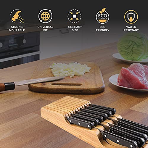 In-Drawer Knife Block Organizer - Bamboo Wood Drawer Knife Organizer - Holds 5 Long + 6 Short Knives (Not Included) - Store Knives With Blades Pointing Down #TOP7