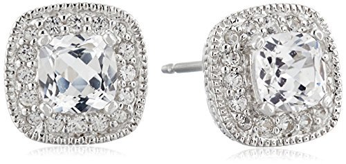 Amazon Essentials Sterling Silver Cushion Cut Birthstone and Created White Sapphire Halo Stud Earrings (previously Amazon Collection)