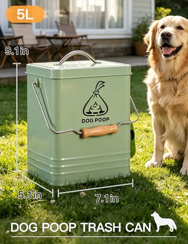 Image of Dog Poop Trash Can Outside, Metal Pet Waste Trash Can with Lid & Handle, 5L /1.3Gal Dog Waste Station with Bag Holder & 30 Bags(Green)
