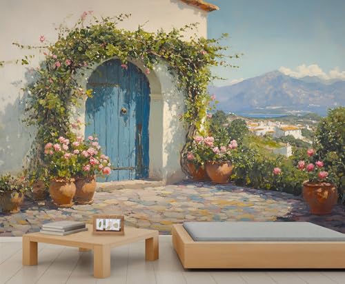 Generisch Toskana Italien Wandgemälde 150x105cm Blumig Wandgemälde Mittelalterliches Dorf Tapete für Wohnzimmer und Schlafzimmer Italienisch Wanddekoration (Nicht abziehen und aufkleben)