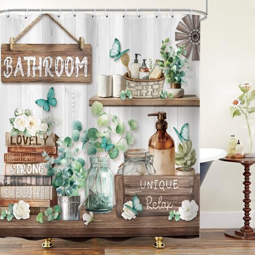 Farmhouse Shower Curtain 72x72 Rustic Green Eucalyptus Bathroom Decor