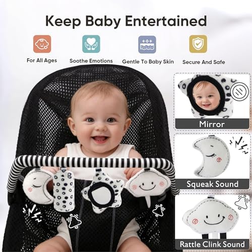 TinlyFinly Baby Bouncer Toy Bar Soft with 4 Hanging Sensory Toys Attachment, Compatible with Baby Bjorn Bouncer, with Mirror, Rattle, Crinkle Sound for Babies All Ages (Black and White Shapes) — view 5
