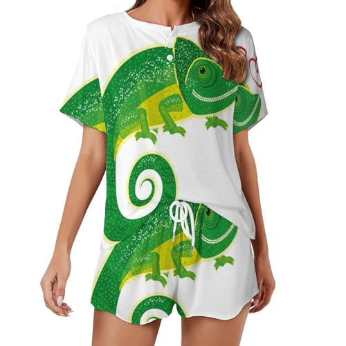 Pyjama femme manches courtes respirant Lézard Vert vêtement de nuit anti-chaleur