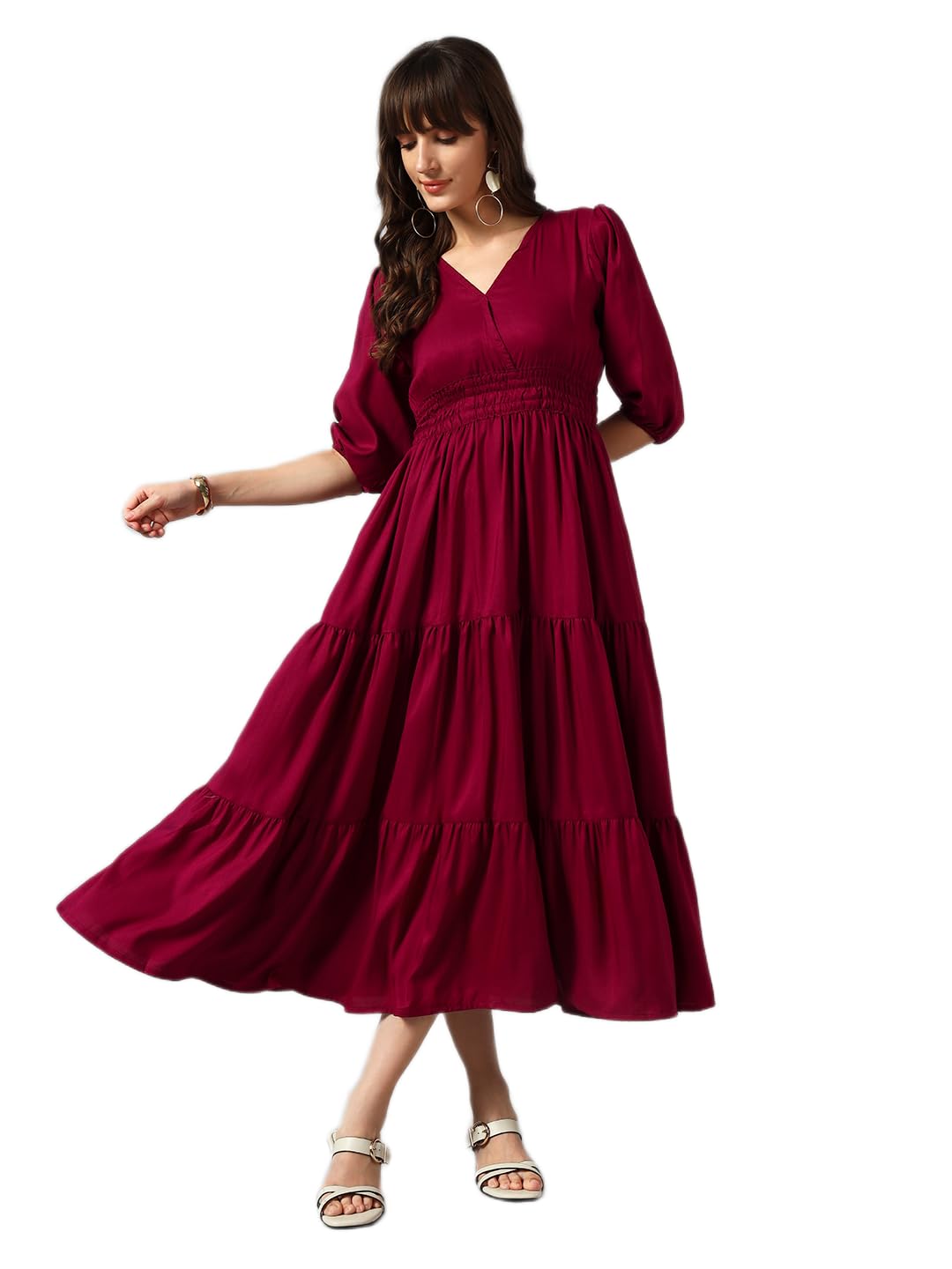 femvy Women's Floral Printed Maxi Gown | V-Neck, Puff Sleeves, A-Line Long Gown for Casual, Party 75(15)-picture-56