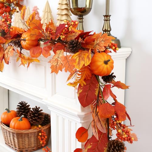 Joyhalo 6FT Fall Leaves Garland for Mantle, Autumn Leaf Garland Outdoor Indoor with Maple Leaves, Pines and Pumpkins Harvest Decorations for Home,Mantle,Porch,Fireplace and Wedding Fall Decor