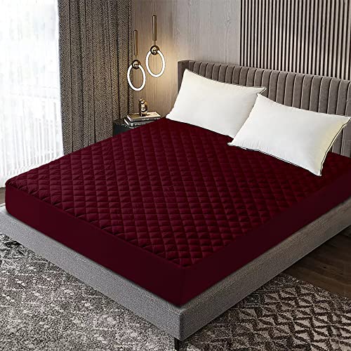 Image of Glassiano Sapphire Waterproof Quilted Mattress Protector 75x60 Inch for Double Bed Queen Size - Ultra Soft & Hypoallergenic Mattress Cover (Maroon - 1 Pcs)