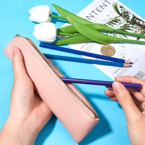 Image of GORGECRAFT Stationery Storage Bag PU Leather Pencil Case Slim Design Soft Small Aesthetic Pen Pouch Solid Color Portable Zipper Cosmetic Bag for Pen Pencils Markers Gifts (Pink)