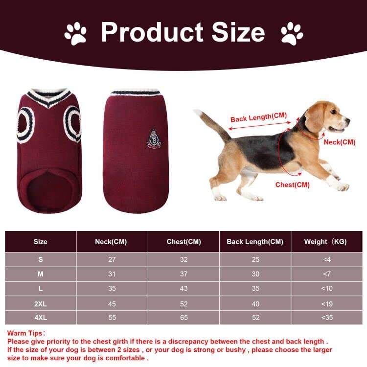 VSSHE Hundepullover,College Stil Warmer Pullover Katzenkleidung Warme Hunde Pullis Fleece Haustiermantel Welpenpullover Pullover Kleidung Haustier Kostüm Welpenpullover für Kleine Mittelgroße Rot-4XL