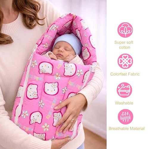 Image of Fareto Combo Of Baby Cotton Mattress With Net | Sleeping Bag | 4 Pcs Bedding Set(0-6 Months, Pink, Size)