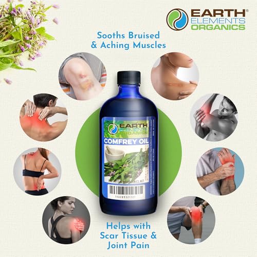 Earth Elements Organics Comfrey Oil Raw with Sunflower Oil, Infused Herbal Body Oil, Sore Muscles, Aches, Organic Skincare for All Skin Types - 4 fl oz