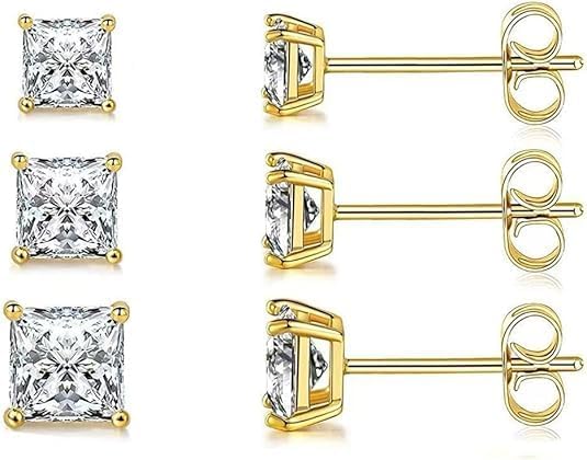 3 Pairs of 14K Gold-Plated Square Cubic Zirconia Stud Earrings, 3mm / 4mm / 5mm Size, S925 Silver Ear Needle, Low Allergenic, Suitable for Both Men and Women