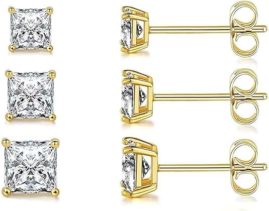 14K White Gold Square Transparent Cubic Zirconia Stud Earrings 3-Piece Set | Hypoallergenic Earring Posts
