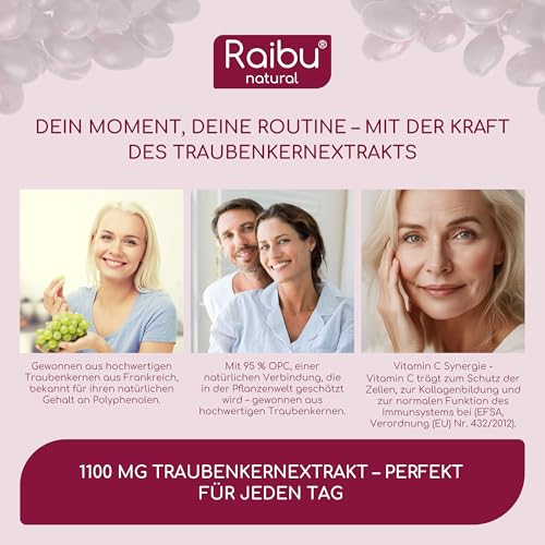 OPC Traubenkernextrakt hochdosiert - 1100 mg Extrakt pro Tag - Reines OPC aus französischen Trauben - Mit natürlichem Vitamin C (24 mg) - 180 Kapseln, Laborgeprüft & in Deutschland produziert