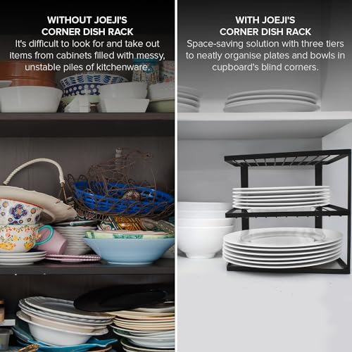 joeji's Kitchen No-Wobble Plate Rack for Kitchen Cupboard Storage Corner Plate Rack Cupboard Shelf Organiser 25x25x19cm - Black - Image 4