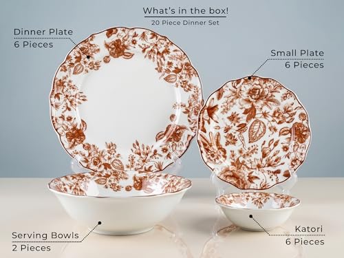 Image of Bodhi House Porcelain Dinner Set 20 Pieces - Brown Leaf White Dinnerware Set | 6 Dinner Plates, 6 Quarter Plates, 6 Katori Bowls, 2 Serving Bowls | Premium Crockery Set for Dining, Kitchen & Gifting