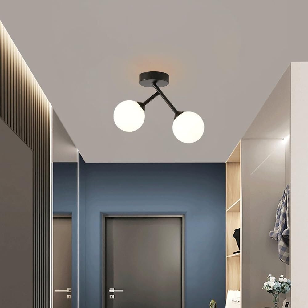Semi Flush Mount Ceiling Light Fixture Double Head Glass Ceiling Lamp Iron Art Pendant Lights 10CM Dome Aisle Porch Stairway Closet Kitchen Laundry Room Lamp (Black)
