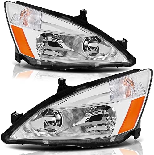 Genful Headlight Assembly Compatible With 2003-2007 2003 2004 2005 2006 2007 03 04 05 06 07 Honda Accord Driver and Passenger Side (Chrome Housing Amber Reflector)