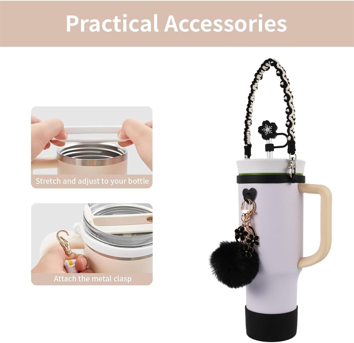 AAUP Water Bottle Holder,Straw Cover,Silicone Boot,Pompom Ball,Daisy key-chain,Compatible with Stanley Cup16oz 24oz and 40oz