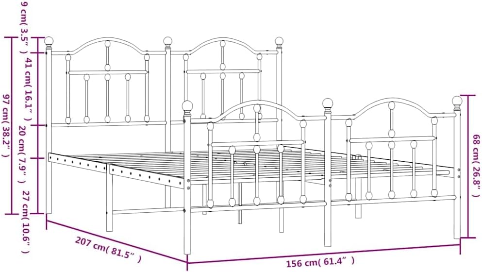 vidaXL 12 Inch Queen Metal Bed Frame with Headboard & Footboard, No Box Spring Needed, Noise Free Platform Bed Frame with Steel Slats, Easy Assembly, Under Bed Storage, Minimalist, Black