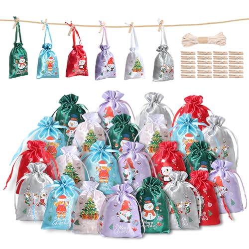 24 Pcs Small Christmas Bags with Drawstring Cute Satin Xmas goodie Bags Bulk for Christmas Advent Calendar Assorted Treat Bags for Winter Holiday Party Favor