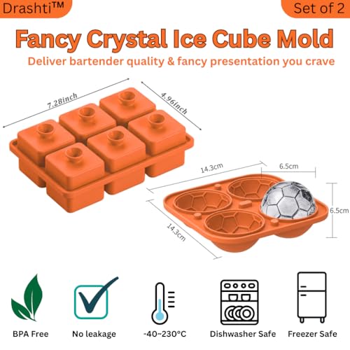 Image of Premium Combo of Large 3D Crystal Square Ice Cube Tray & Football Shaped Silicone Molds for Chilling Drinks, Chocolates, Juice, Jelly and Many More. Pack of 2 (Orange)