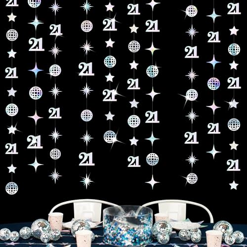 Image of Iridescent 21st Disco Birthday Decorations Laser Number 21 Disco Ball Twinkle Star Garland Metallic Banner Backdrop for Girls Boys Happy 21st Birthday Finally Legal Cheers to 21 Years Party Decor