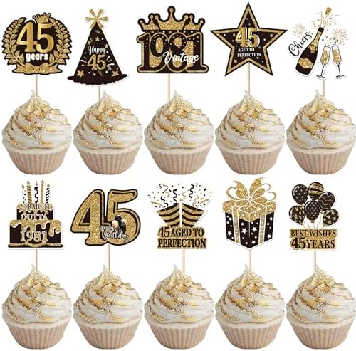 40 Stück 45th Geburtstag Tortendeko Vintage 1981 Kuchen Deko Hello Forty Filve Cheers to 45 Cupcake Toppers für 45th Geburtstag Jahrestag Party Kuchen Dekorationen