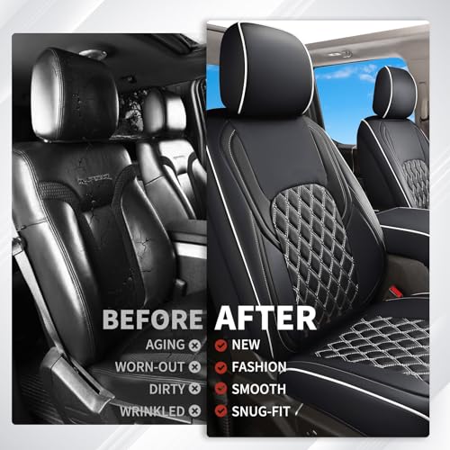 Image of Huidasource F150 Leather Seat Covers Custom Fit for 2015-2026 F150 SuperCrew & 2017-2026 F250 F350 F450 Super Duty Crew Cab XL XLT Lariat King Ranch Platinum(Front Pair /Black&White)