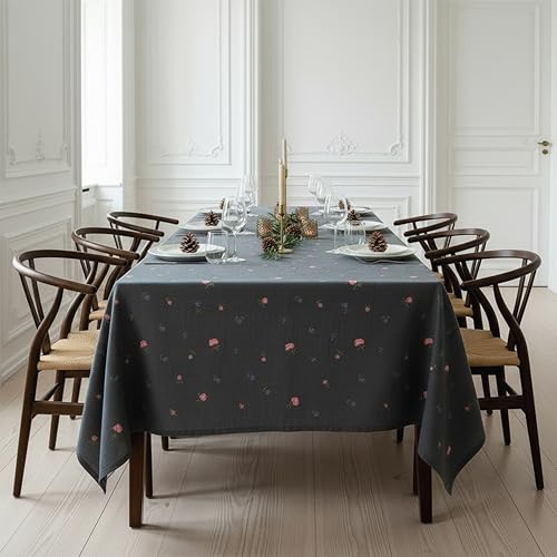 Image of Embroidered Cotton Tablecloth, Twilight Buds, 60 x 90 in | Premium heavyweight chambray cotton, all-over embroidery, 6-seater rectangle, machine washable, elegant dining and hosting