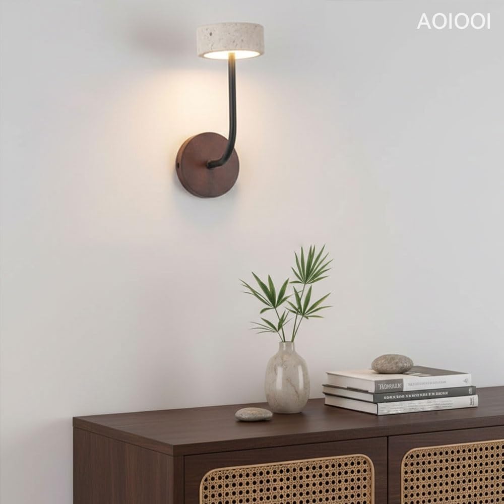 Travertine Wall Sconce,Walnut Base LED Wall Lamp,Industrial Black Arm Wall Light,Round Shade Wall Lights,Natural Stone Bedside Reading Light Fixture for Bedroom Living Room Hallway Parlor