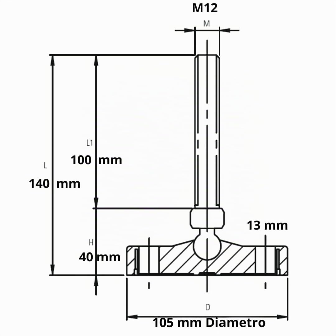 Piedini regolabili M12 x 100 mm – Diametro/base 105 mm – Confezione da 4 piedini di livellamento per trasportatori, livellatori inclinabili resistenti per regolare l'altezza delle gambe