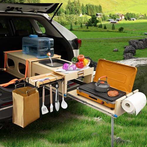 JAGAHAHA Campingküche Faltbar, Campingbox und Mobile Küche, Müllbeutelhalter, Aufbewahrungsschublade und