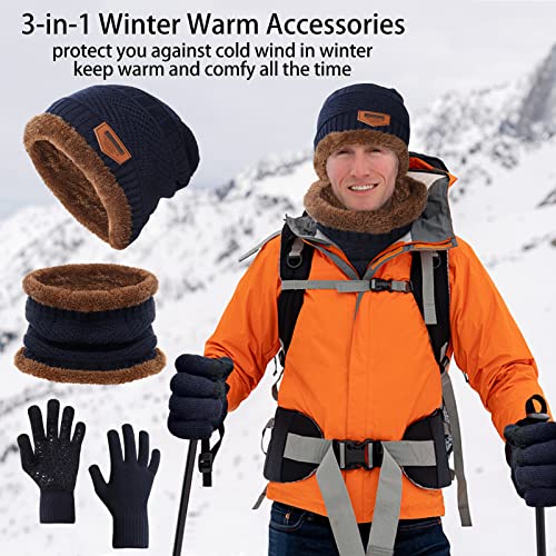 Winter Knit Beanie Hat Neck Warmer Gloves Set Warm Fleece Lined Skull Cap Infinity Scarf Touchscreen Gloves For Men Women (Blue) #TOP2