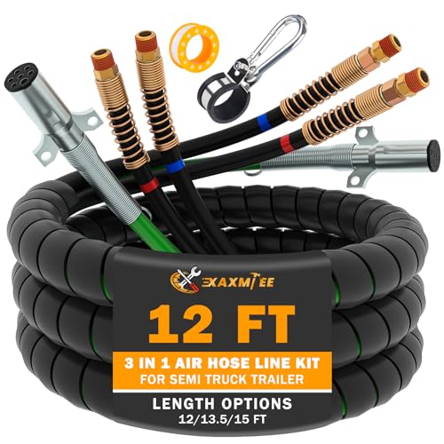 XaXmTee 12FT Semi Truck Air Lines Kit 3IN1 Trailer Cord and Air Brake Hoses Assembly without Rubber Gladhand Handles for Semi Truck Trailer Tractor