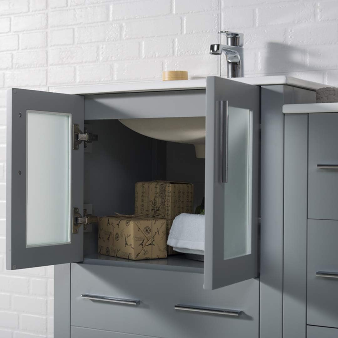 Blossom 60-Inch Solid Wood Bathroom Vanity with Double Ceramic Sink and Side Cabinet | Freestanding Vanity Sink Cabinet | Soft-Close Drawers & Tempered Glass Doors (Metal Grey)