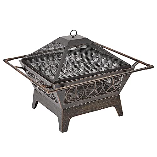 Trueshopping 24 Metal Square Fire Pit with Mesh Lid, Griller & Poker — Star Design, See Through Basket Bowl Fireplace Brazier - Wood, Charcoal & Log Burner Outdoor Fire Pits for Garden BBQ & Bonfire