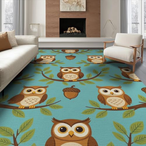 ODIKA 8'x10' Cartoon Bird Design with Playful Animal Tree Branch Layout Owl Funny Refined Washable Area Rug Foldable Easy Care for King Size Bedroom, Master Suite, Under Bed