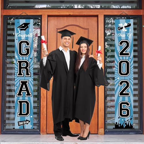Image of Graduation Banner 2026 Graduation Decorations Light Blue Grad Banner Porch Sign Class of 2026 Door Decor Congrats Hanging Backdrop Light Blue Grad Party Decor for School Congratulations Supplies