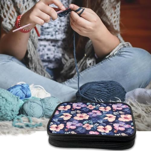 Image of Purple Hibiscus Crochet Hook Case Crochet Hook Holder Portable Storage Bag with Web Pockets Suitable for Needles /Knitting Accessories