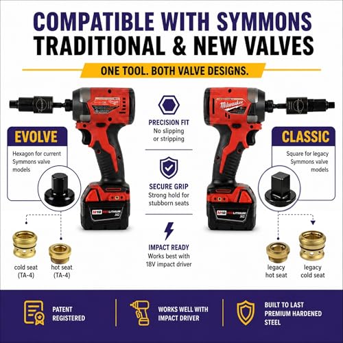 Image of Zip Seat Power Tool Extractor Set for Symmons Temptrol Valves, Set Includes Extractor Classic, Extractor Evolve, Diverter, and Power Drill Bit