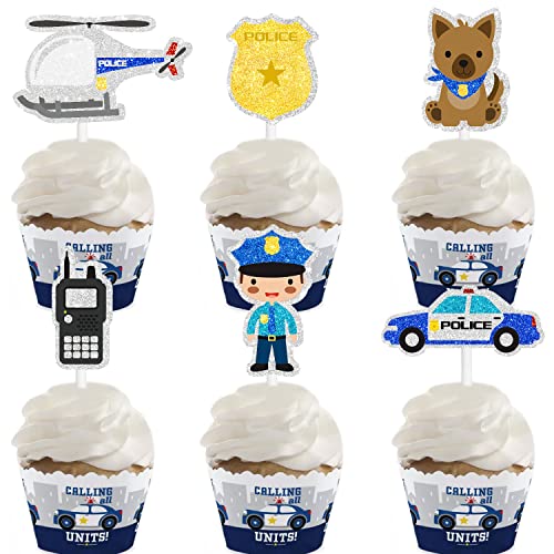 police officer Cupcake Toppers set Helicopter police car police dog badge Birthday Party Decorations - Set of 18